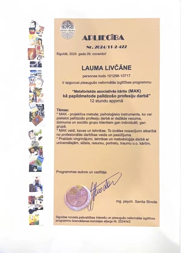 Apliecība par metaforisko-asociatīvo kāršu apmācībām